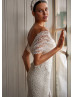 Off Shoulder Ivory Glitter Lace Slit Luxurious Wedding Dress Off Shoulder Ivory Glitter Lace Slit Luxurious Wedding Dress